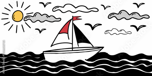 Dibujo en blanco y negro de un velero en el mar con el sol, nubes y gaviotas en el cielo.
