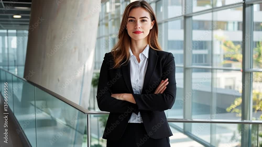 Confident Businesswoman Standing in Modern Office Building with Arms Crossed Confident Businesswoman Standing in Modern Office Building with Arms Crossed