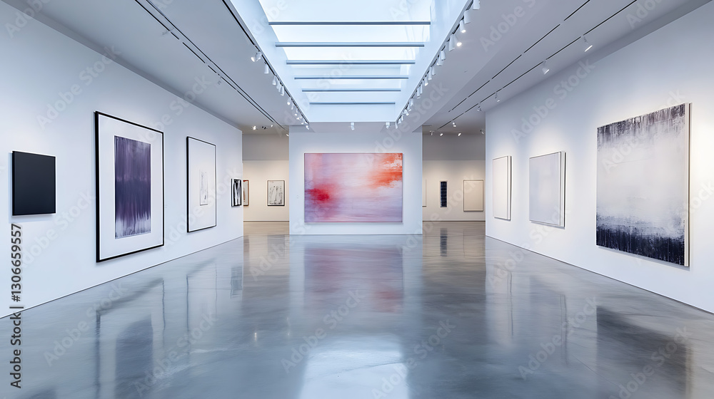 Modern art gallery with minimalist design and reflective polished floors

