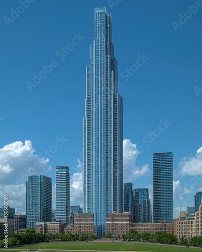 A breathtaking aerial view of a sprawling metropolis, showcasing a dense skyline filled with towering skyscrapers, each uniquely designed, reflecting sunlight against a clear blue sky.