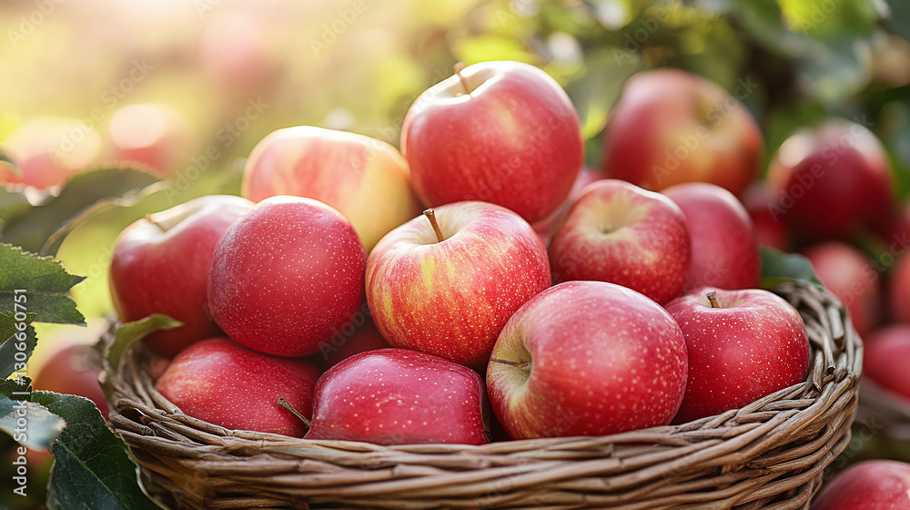 Fresh-picked red apples overflowing from a rustic woven basket in the golden light of autumn harvest. Fresh-picked red apples overflowing from a rustic woven basket in the golden light of autumn harvest.