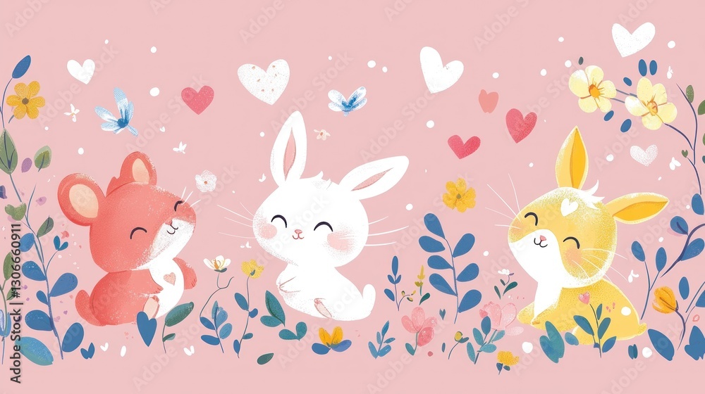 Three adorable animals smile amidst flowers and hearts in spring Three adorable animals smile amidst flowers and hearts in spring