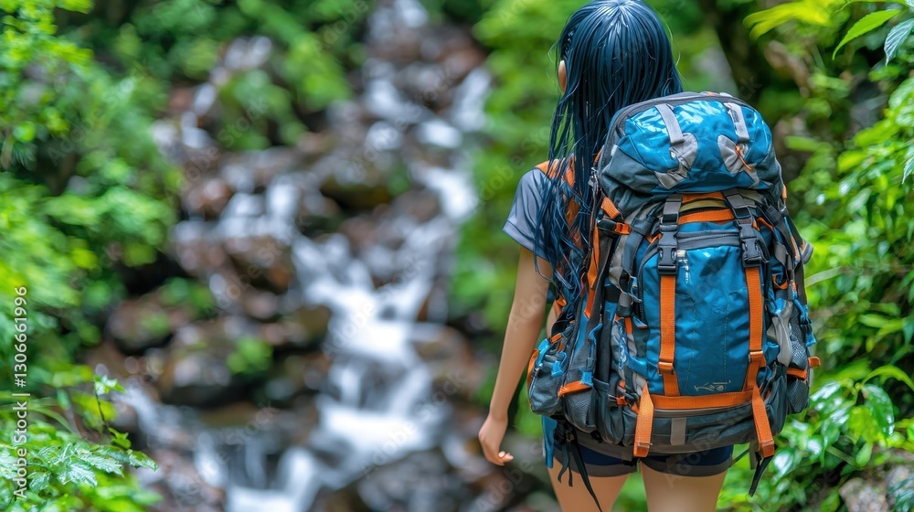 Arafed woman wearing a vibrant scarf and a sturdy backpack strolls through a lush green forest, surrounded by towering trees, with a stunning waterfall cascading in the background. Arafed woman wearing a vibrant scarf and a sturdy backpack strolls through a lush green forest, surrounded by towering trees, with a stunning waterfall cascading in the background.