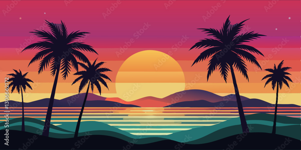 Naklejka premium Espectacular atardecer en la playa con palmeras y reflejos en el mar, creando un ambiente tropical.