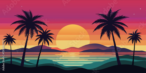 Espectacular atardecer en la playa con palmeras y reflejos en el mar, creando un ambiente tropical.
