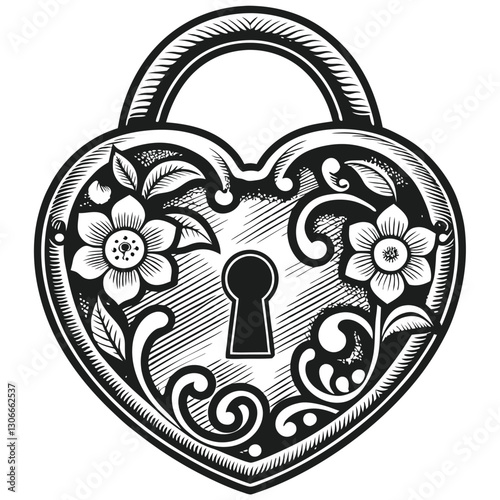 heart-shaped padlock adorned with intricate floral and swirl patterns. A keyhole sits at the center, flanked by two delicate flowers, offering a vintage, artistic, and decorative aesthetic.