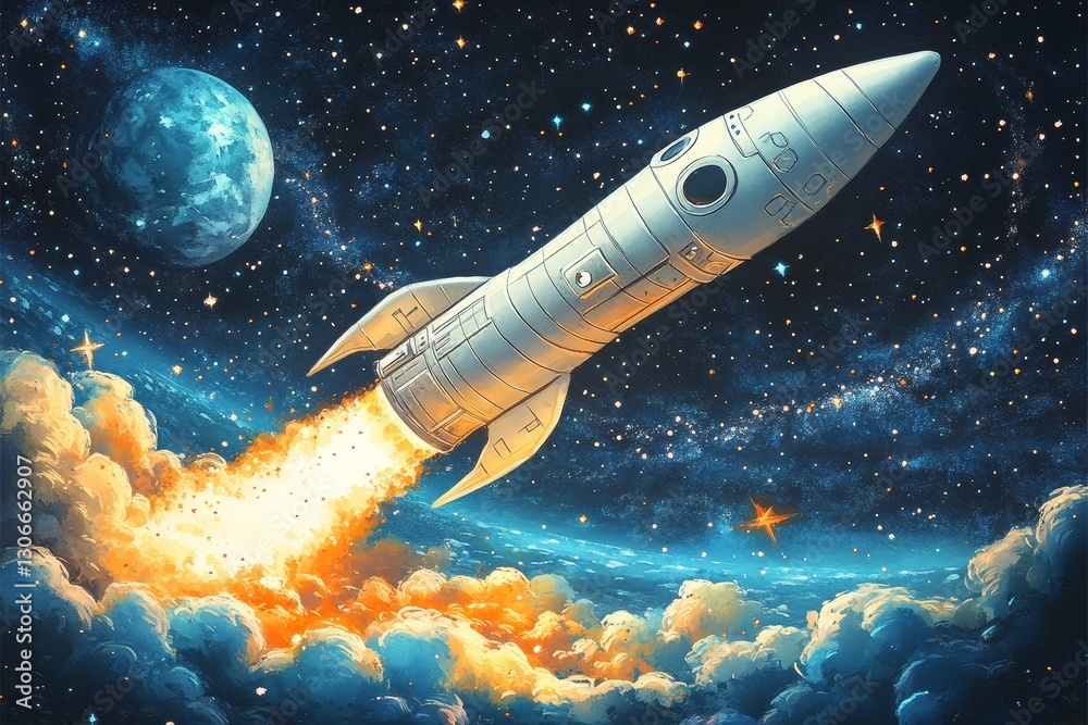 Naklejka premium Colorful sketch of a space rocket, spaceship near a planet, AI Generated