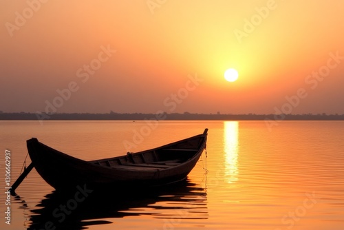 A lone boat silhouetted against a vibrant sunset, reflecting warm hues on the calm waters, symbolizing solitude and connection with nature's magnificence.