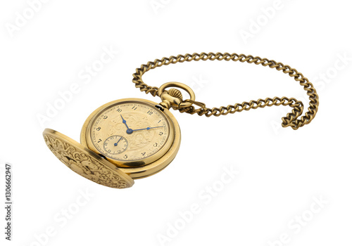 Antique gold pocket watch with intricate design and chain, showcasing vintage craftsmanship and timeless elegance