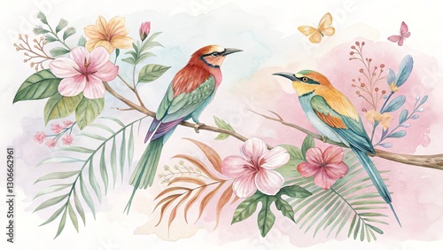 Hand-painted watercolor illustration of tropical birds with delicate blooming flowers. A romantic and airy paradise-inspired design. Generative AI.