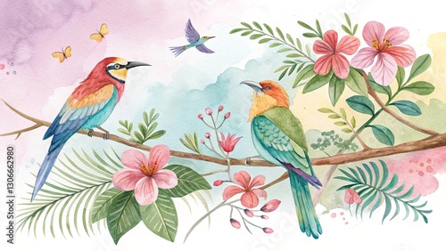Hand-painted watercolor illustration of tropical birds with delicate blooming flowers. A romantic and airy paradise-inspired design. Generative AI.