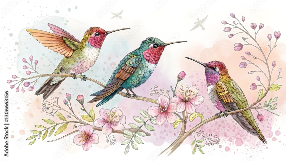 Obraz premium Hand-painted watercolor illustration of tropical birds with delicate blooming flowers. A romantic and airy paradise-inspired design. Generative AI.