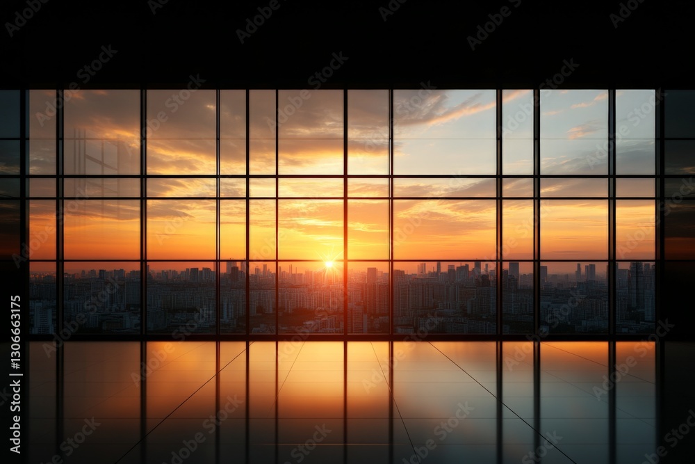 Fototapeta premium A panoramic view of a stunning sunset visible through large glass windows of a modern office, illustrating the connection between work and the beauty of nature outside.