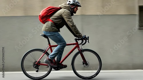  A man in a stylish jacket wearing a backpack and a bicycle helmet pedals confidently as he rides his bicycle through an urban landscape. His enthusiasm for cycling is evident.
