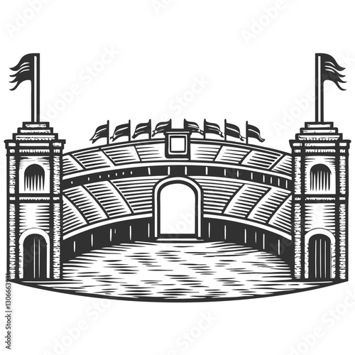 a black-and-white illustration of a grand stadium with two tall towers topped with flags. The stadium features multiple rows of seating, an arched central entrance, and flags flying atop.