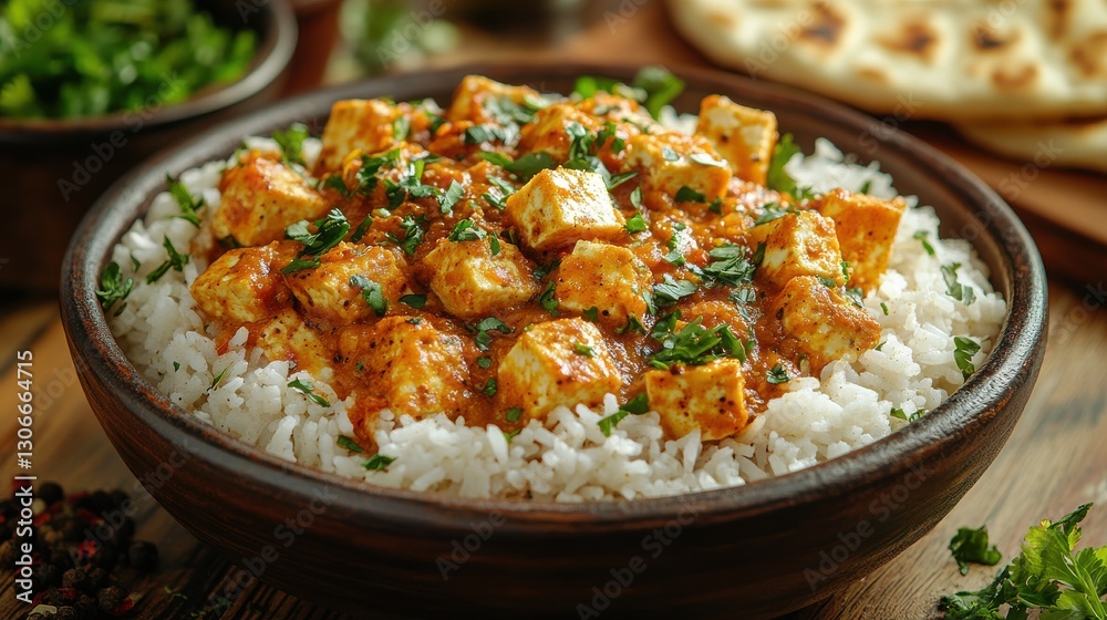 a culinary composition showcasing a flavorful indian curry with tofu rice portions and naan bread adorned with garnish and spices served elegantly on a wooden table a culinary composition showcasing a flavorful indian curry with tofu rice portions and naan bread adorned with garnish and spices served elegantly on a wooden table
