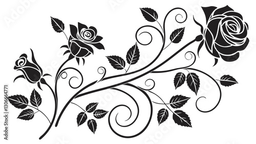 Elegant Rose Silhouette Collection – Black and White Floral Ornament with Swirling Vines, Leaves, and Decorative Botanical Elements
