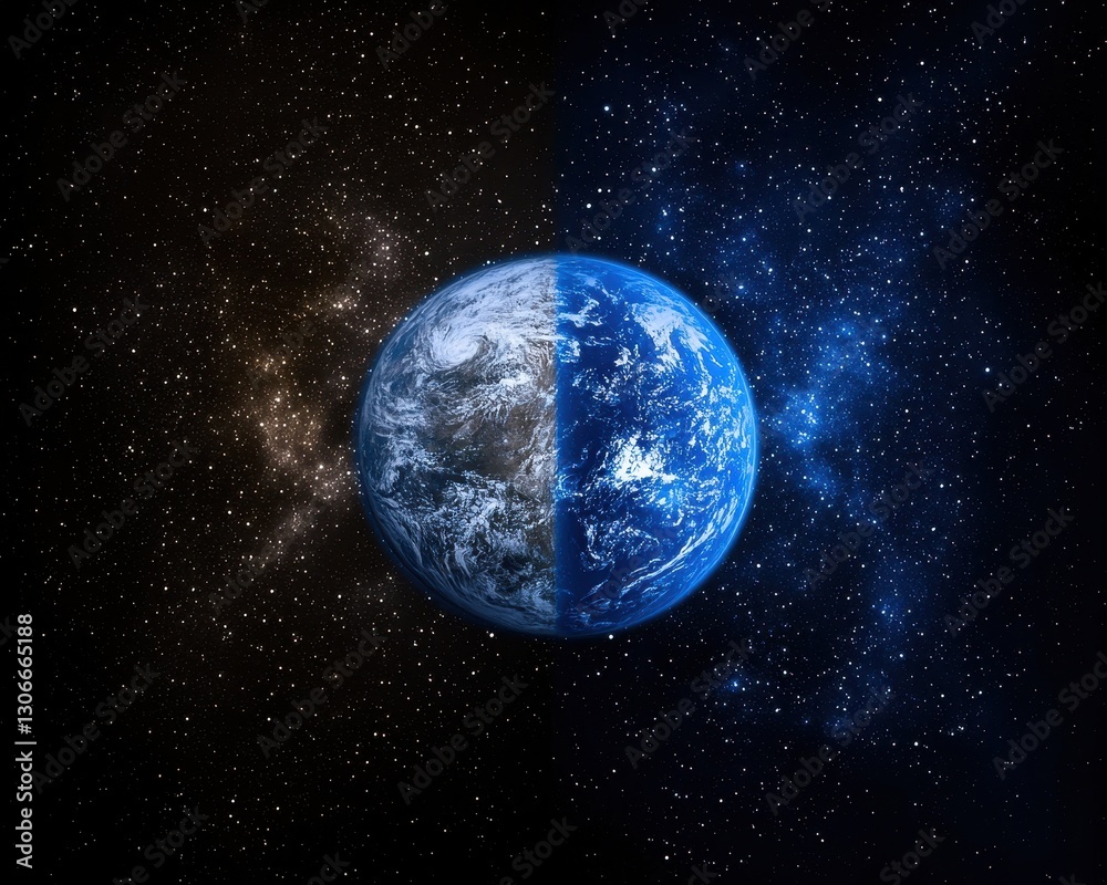 Naklejka premium A breathtaking aerial view showcasing the Earth’s vibrant landscapes, with lush green forests and blue oceans, while the stunning Milky Way galaxy sparkles majestically in the background.