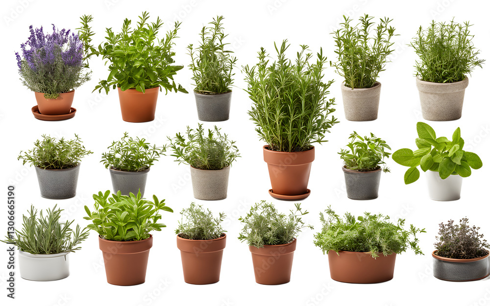A colorful collection of potted herbs including rosemary, thyme, and sage, isolated on a empty plain background A colorful collection of potted herbs including rosemary, thyme, and sage, isolated on a empty plain background