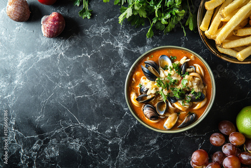 Sea food Moules-frites Famous Belgian Dish top view on a dark marble background, and some fruits