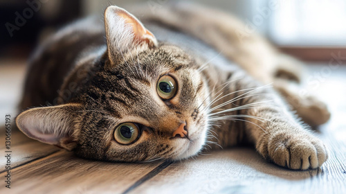 A relaxed tabby cat lying on a wooden floor, gazing curiously at the camera.