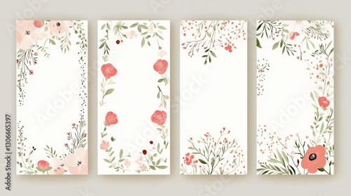 Set of wedding cards with pastel color floral designs and decorative elements, flat vector illustration. Hand drawn floral borders for invitation card design template. 