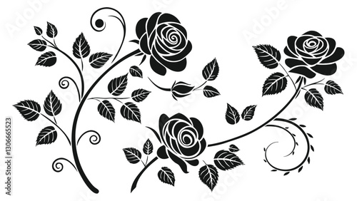 Elegant Rose Silhouette Collection – Black and White Floral Ornament with Swirling Vines, Leaves, and Decorative Botanical Elements
