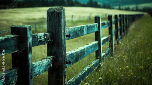 A rustic wooden fence lines a grassy field under a serene sky, evoking tranquility.