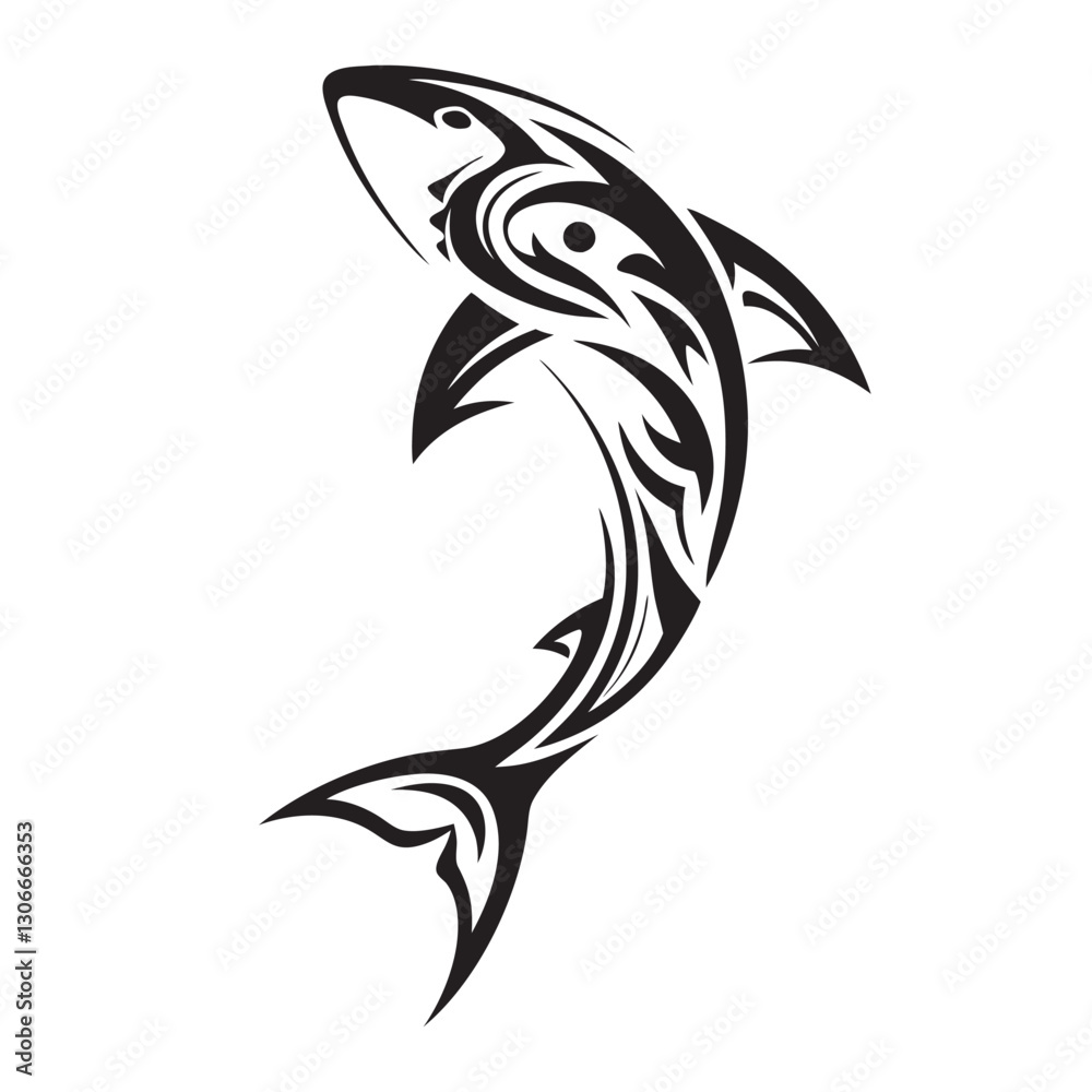 Naklejka premium Polynesian Tribal Shark Tattoo with Bold Black Ink Design and Traditional Patterns