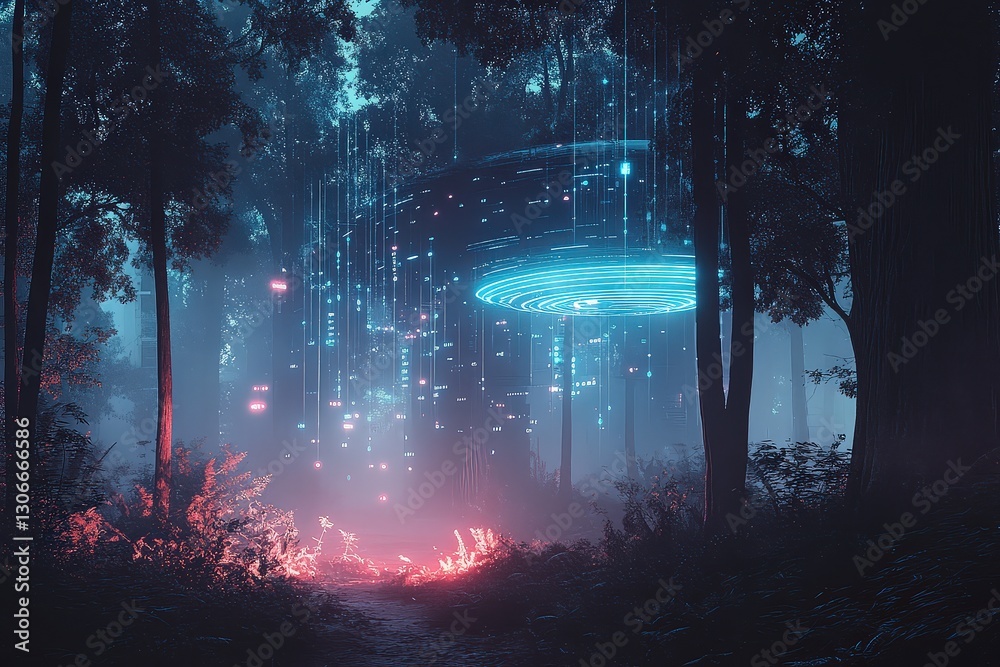 Obraz premium Futuristic Visualization Showcasing Secure Data Transmission With a Glowing Central Hub Radiating Signals in a Digital Landscape