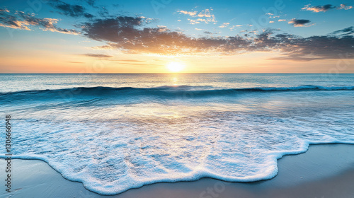 A serene beach scene at sunset with gentle waves and colorful clouds.