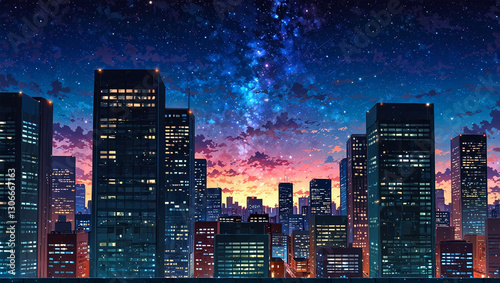 anime style background, urban with night sky