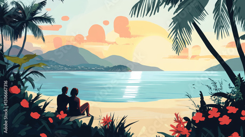 A serene beach sunset scene featuring a couple enjoying the view amidst tropical plants.