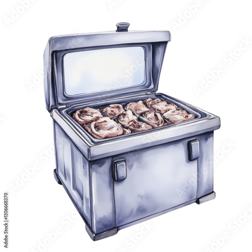 Metallic Box with Ajar Lid Reveals Round Food Items