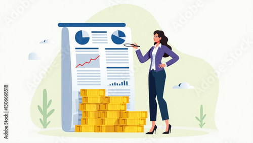 Confident Businesswoman Analyzing Financial Growth Charts Atop Gold Coin Stack Success Vision Financial Report Data Analysis For Profitable Investment Decisions and Wealth Management