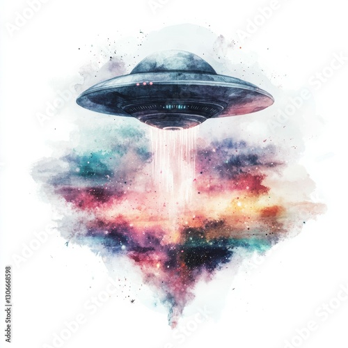 Colorful depiction of a UFO hovering over a vibrant cosmic landscape during nighttime