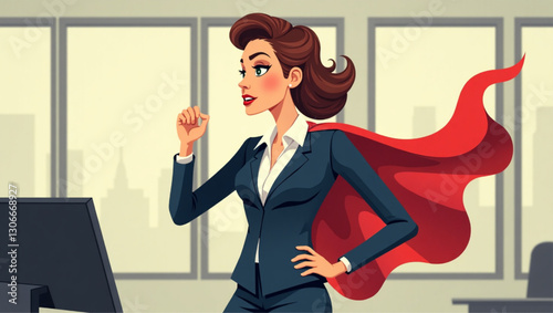 Ambitious Businesswoman Imagining Superhero Transformation in Modern Office Empowered Female Leader Dreaming of Success Career Goals and Professional Triumph Vector Graphic