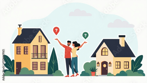 Young Couple Dream Home Search in Serene Suburban Neighborhood with Green Trees and Blue Sky - Real Estate Investment and Family Life Concept Vector Graphic