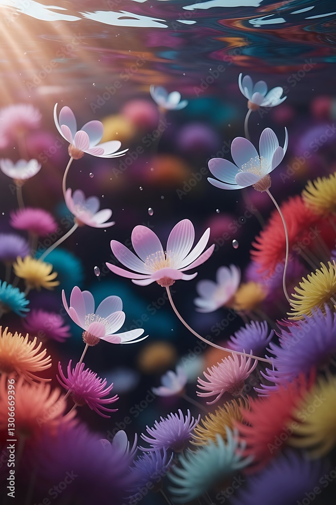 Fototapeta premium Levitating beautiful flowers under water on bright background colorful flower background