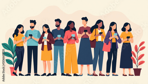 Diverse People Absorbed in Smartphones Social Media Influence Online Communication Connected Community Mobile Engagement Digital Lifestyle Vector Graphic Urban Setting