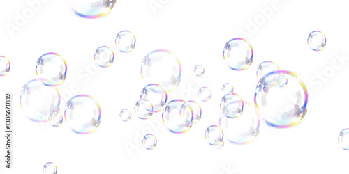 A cluster of realistic, colorful soap bubbles floats gently, showcasing light refractions and reflections. The smooth, transparent spheres create an airy, delicate aesthetic.