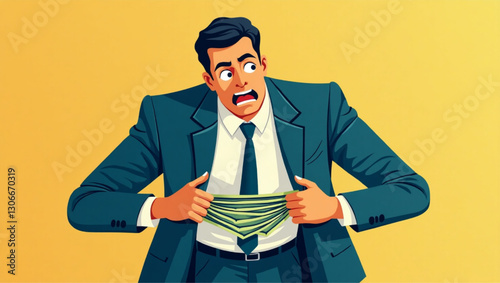 Businessman Hiding Money Illegal Activity Financial Fraud Corporate Deception Unethical Practices Secret Cash Stash Shady Business Deals Vector Graphic Conspiracy Corruption Symbol