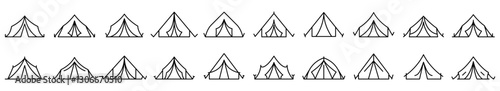 Tourist tent icon. Editable stroke. Set of black linear tourist tent icons. Tourist tent symbol. Vector illustration