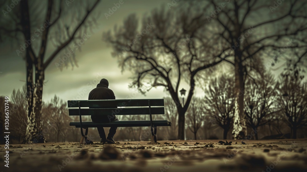 Solitary person sitting on park bench with head bowed, surrounded by barren trees and overcast sky, symbolizing isolation and emotional struggle. Concept of loneliness and mental health. Solitary person sitting on park bench with head bowed, surrounded by barren trees and overcast sky, symbolizing isolation and emotional struggle. Concept of loneliness and mental health.