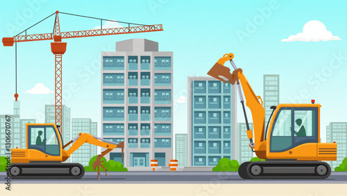 Construction Site Clipart High-Rise Apartment Development Heavy Machinery at Work Busy Cityscape Urban Growth Vector Illustration Building Progress Engineering and Architectural Design