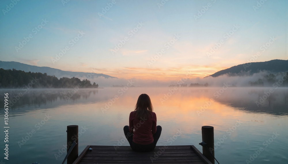 Fototapeta premium Woman sitting on dock watching sunrise over calm lake, feelings, emotions, relationships, psychotherapy, abuse, surprise, anger, irritation, rage, fear, psychological trauma
