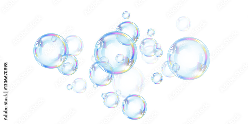 A cluster of realistic, colorful soap bubbles floats gently, showcasing light refractions and reflections. The smooth, transparent spheres create an airy, delicate aesthetic.