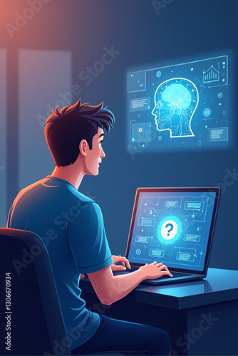 Friendly Human AI Interaction Concept Man Communicating with Smiling Artificial Intelligence on Laptop for Collaboration Futuristic Technology in Home Office Setting Vector Graphic