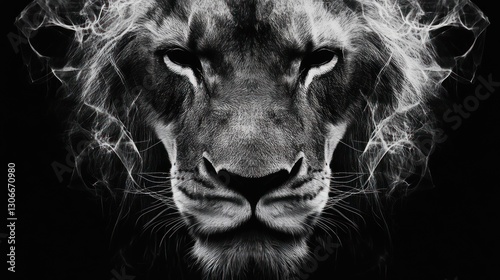 Majestic lion portrait, smoky background, wildlife, power, nature