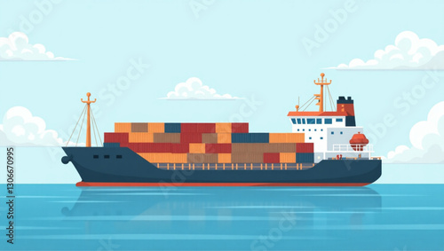 Global Trade Vector Graphic Industrial Cargo Ship Delivering Goods Worldwide Maritime Shipping Logistics Import Export Commerce Transportation Illustration of International Supply Chain
